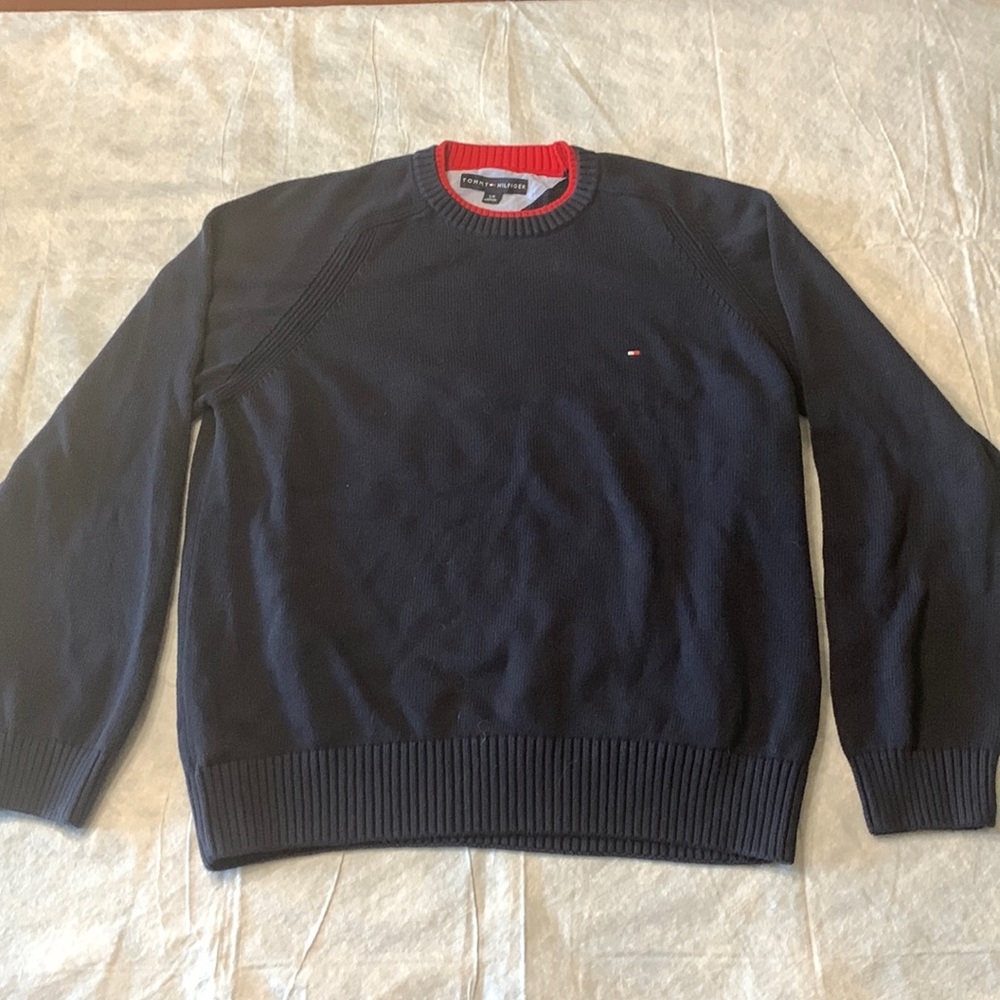 L Tommy Hilfiger Navy Blue w/ red around neck cotton sweater